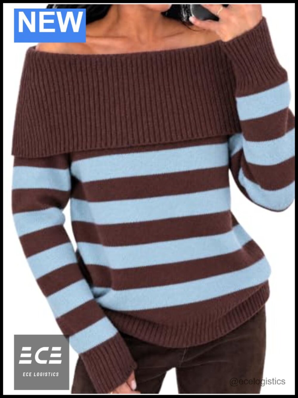 Off Shoulder Striped Knit Pullover Sweater Loose Fit Long Sleeve